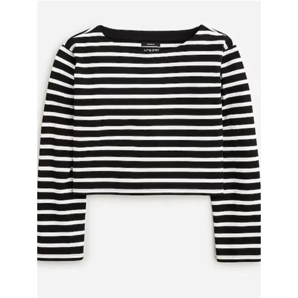 J. Crew Women's Cropped Fit Striped Boat Neck Top Black White Stripe Size Large